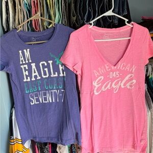 American Eagle T Shirts Vintage Pink V-Neck Tee & Purple Graphic Tee Set Medium